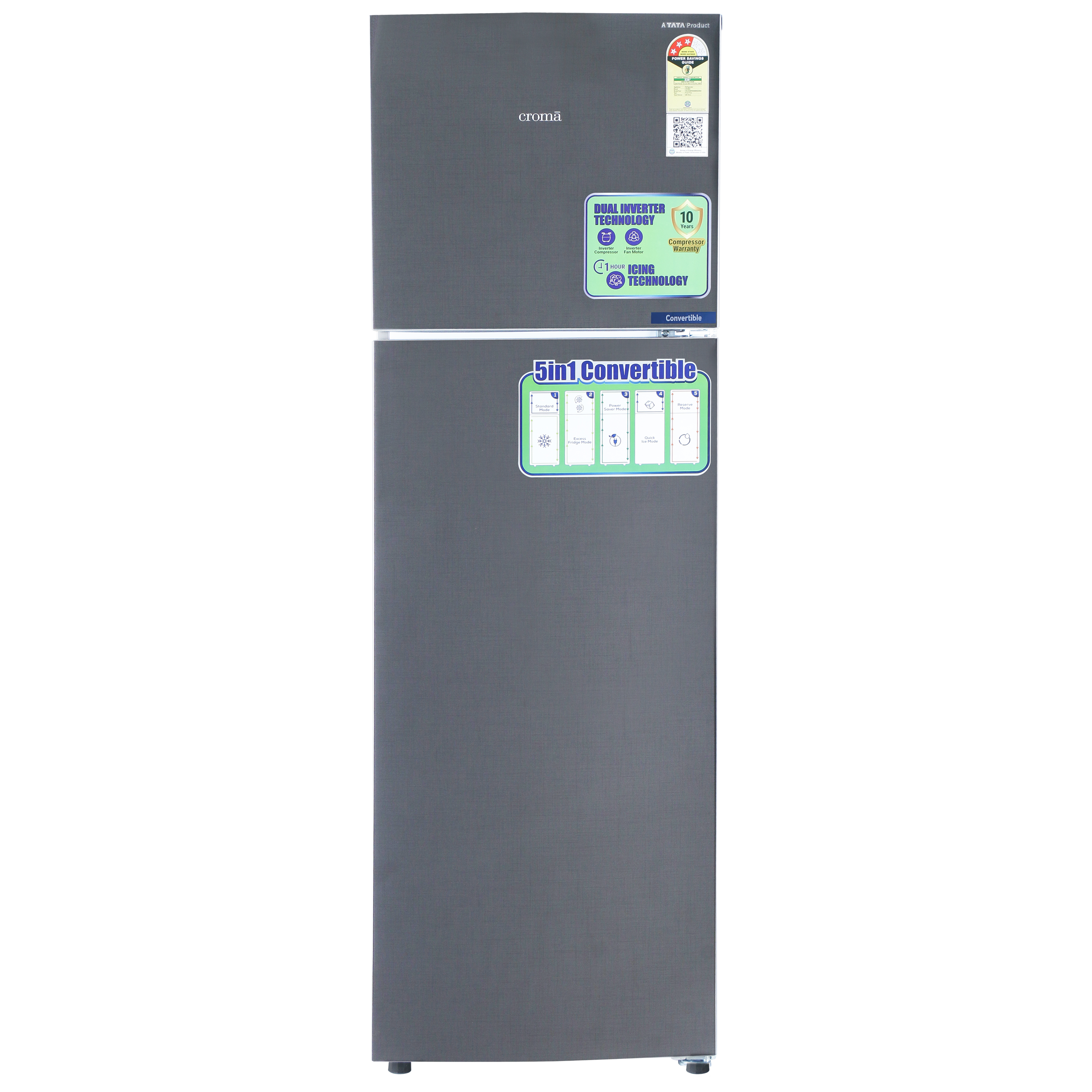 Croma 268 Litres 3 Star Frost Free Double Door Convertible Refrigerator with Dual Inverter Technology Criss Cross Metalic Grey